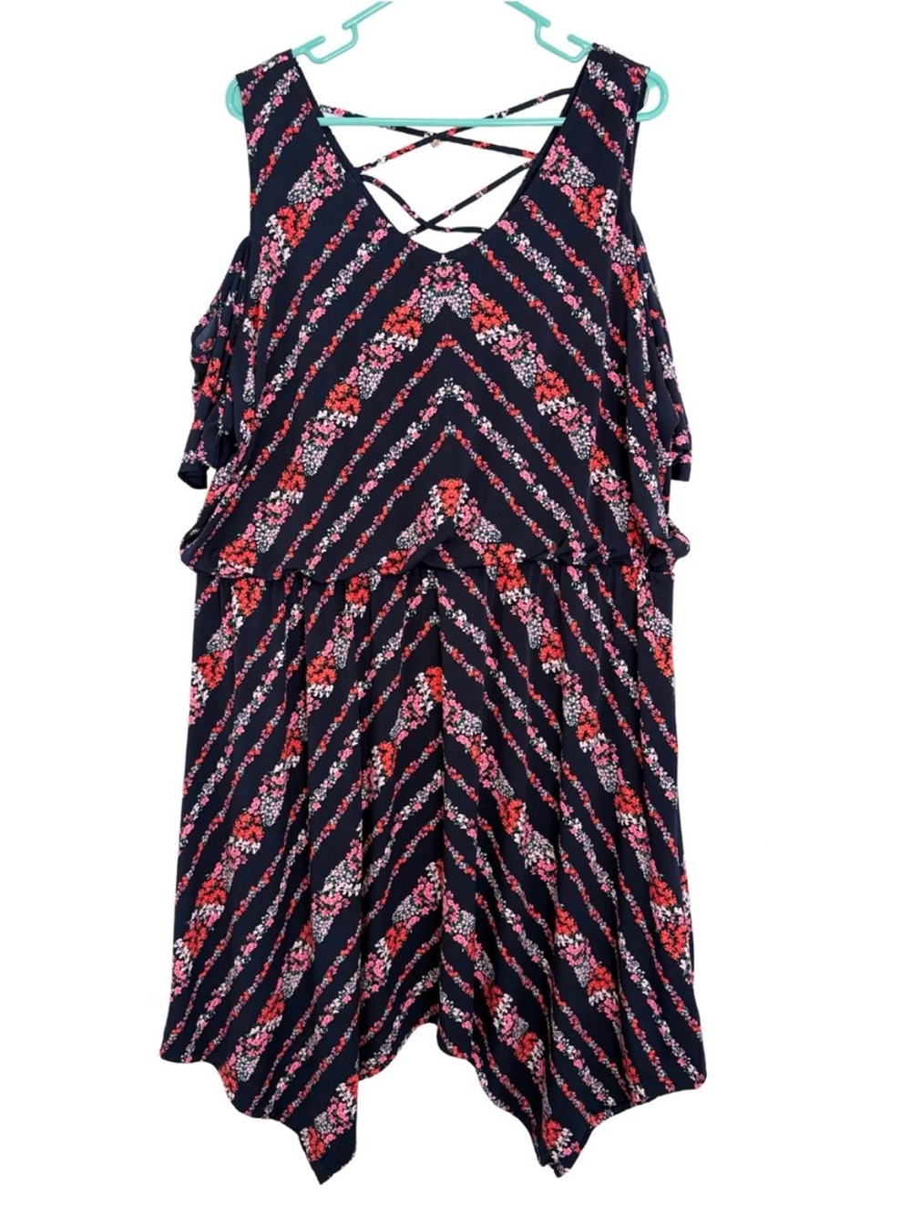 3/$20 Maurices Navy Blue Floral Cold-Shoulder Dress with Crisscross Back